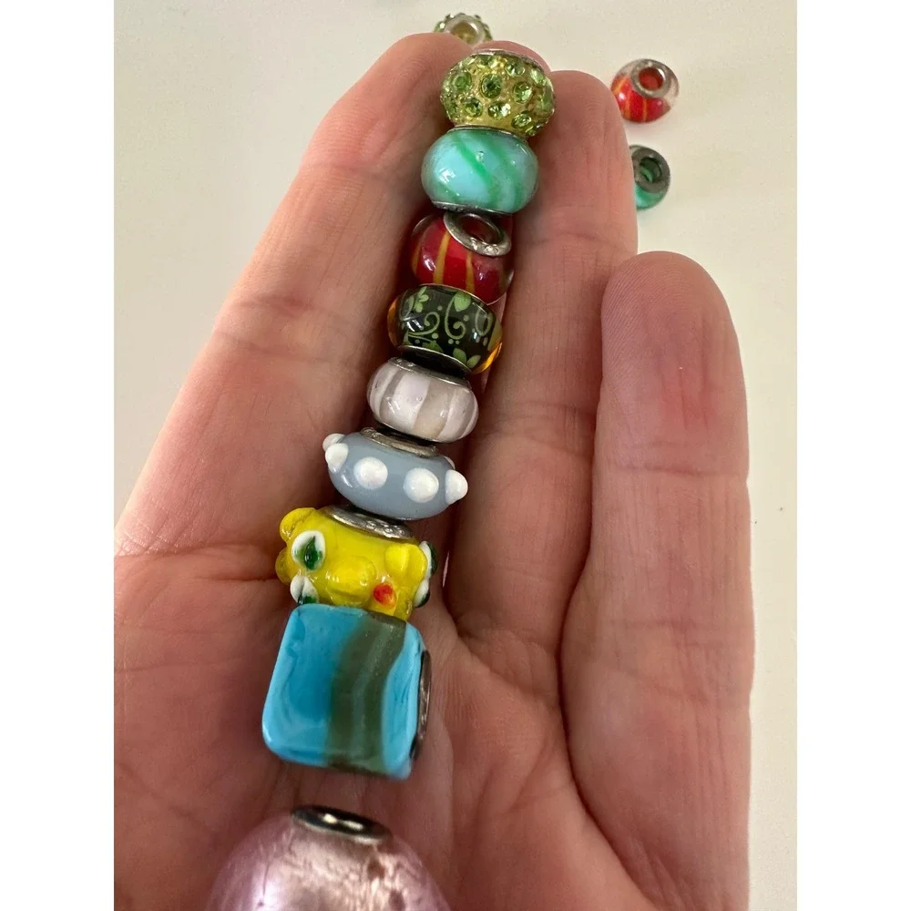 Slider Bead lot 15 Pink Heart Glass Silver 925 Charm Crystals Cupcake Multicolor